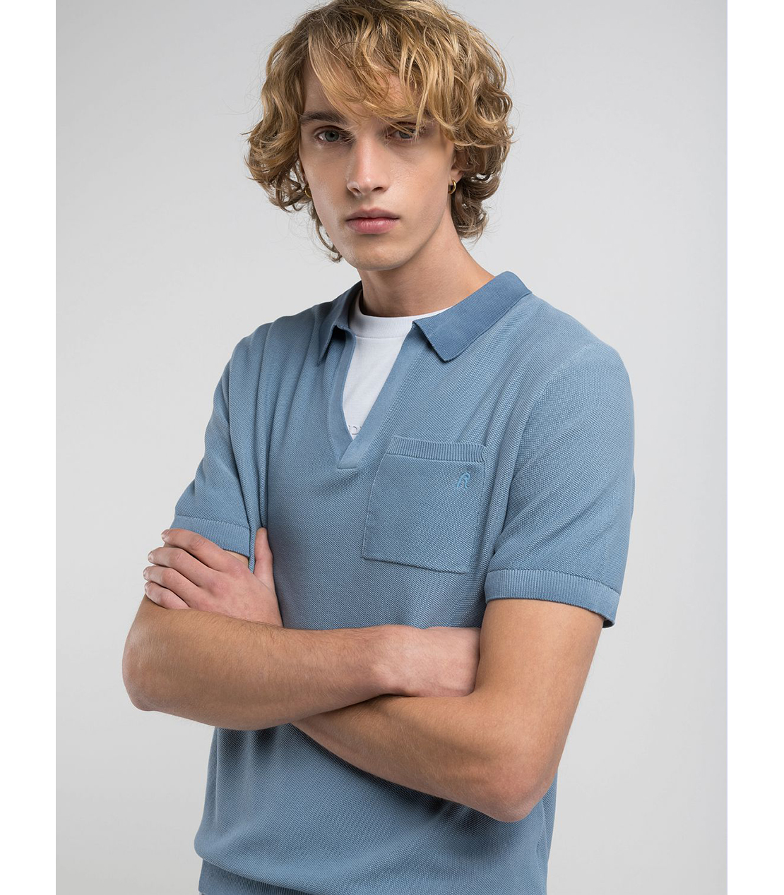 コットンPOLO半袖ニット 詳細画像 グレイッシュブルー 4